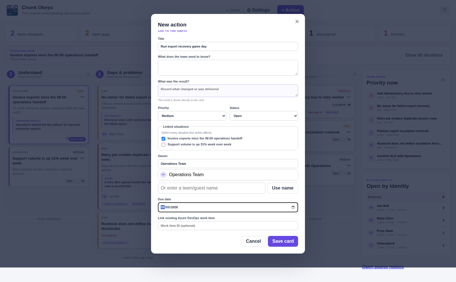 Chunk Obeya working demo assigning an owner and due date to a new action
