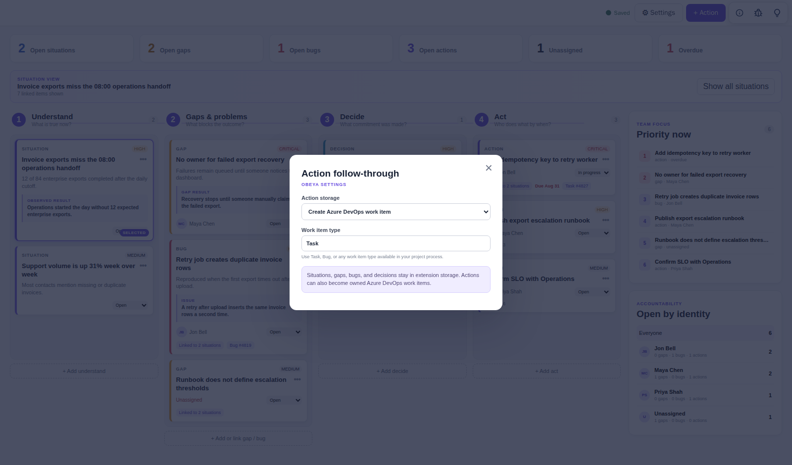 Assist settings for creating linked Azure DevOps work items from actions