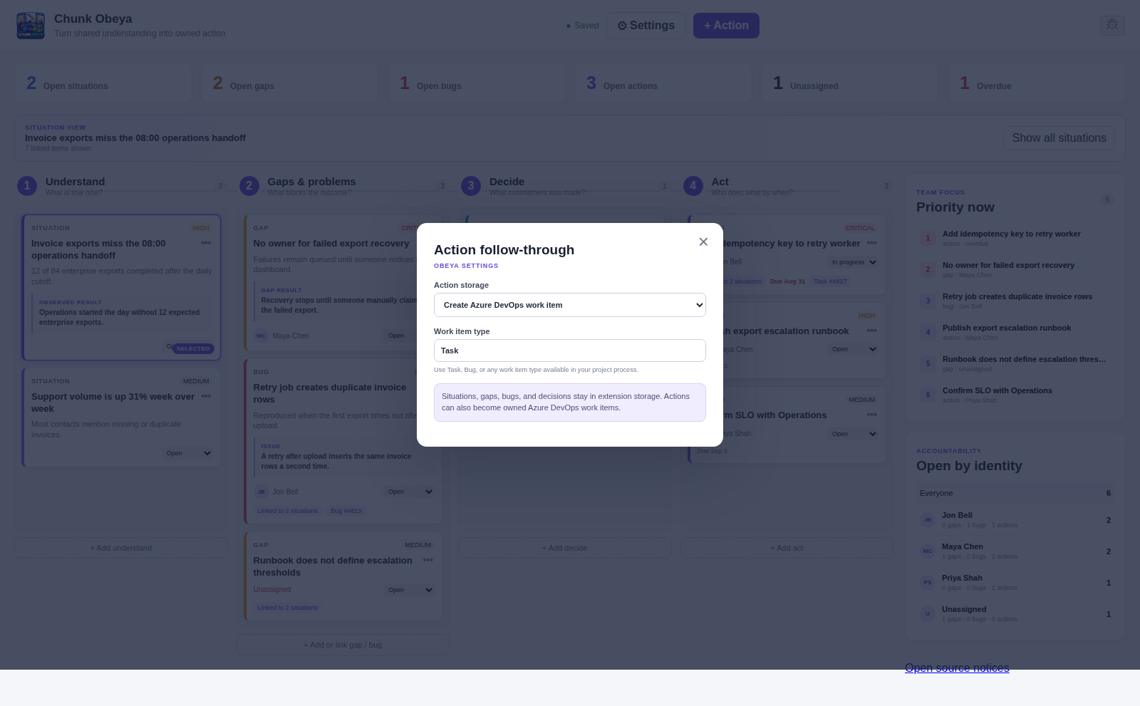Chunk Obeya settings for creating linked Azure DevOps work items from actions