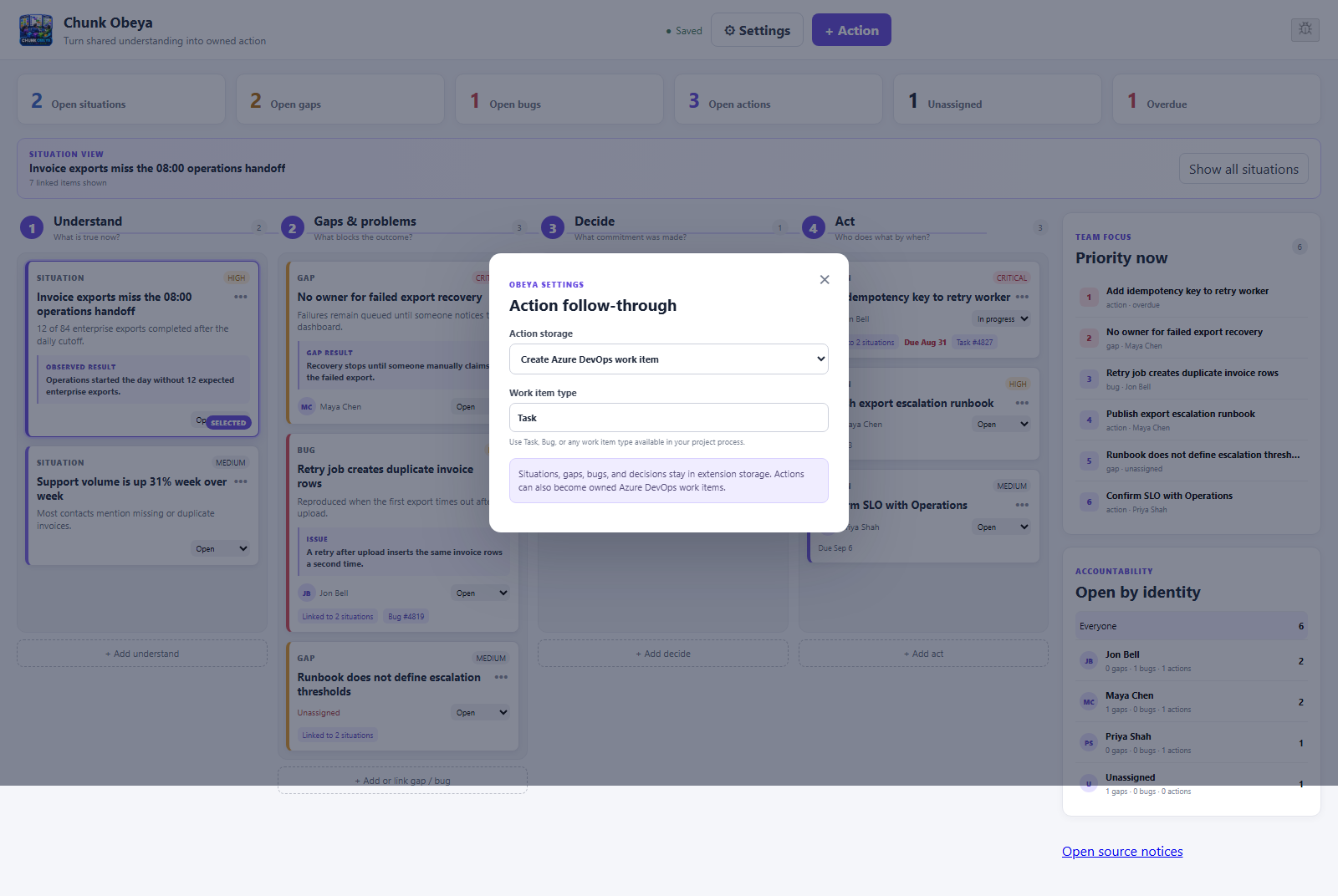 Chunk Obeya settings for creating linked Azure DevOps work items from actions