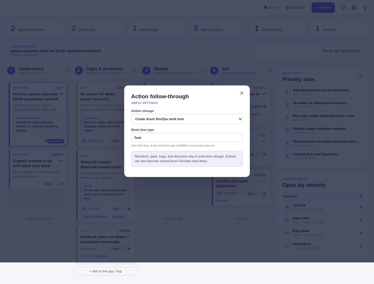 Assist settings for creating linked Azure DevOps work items from actions