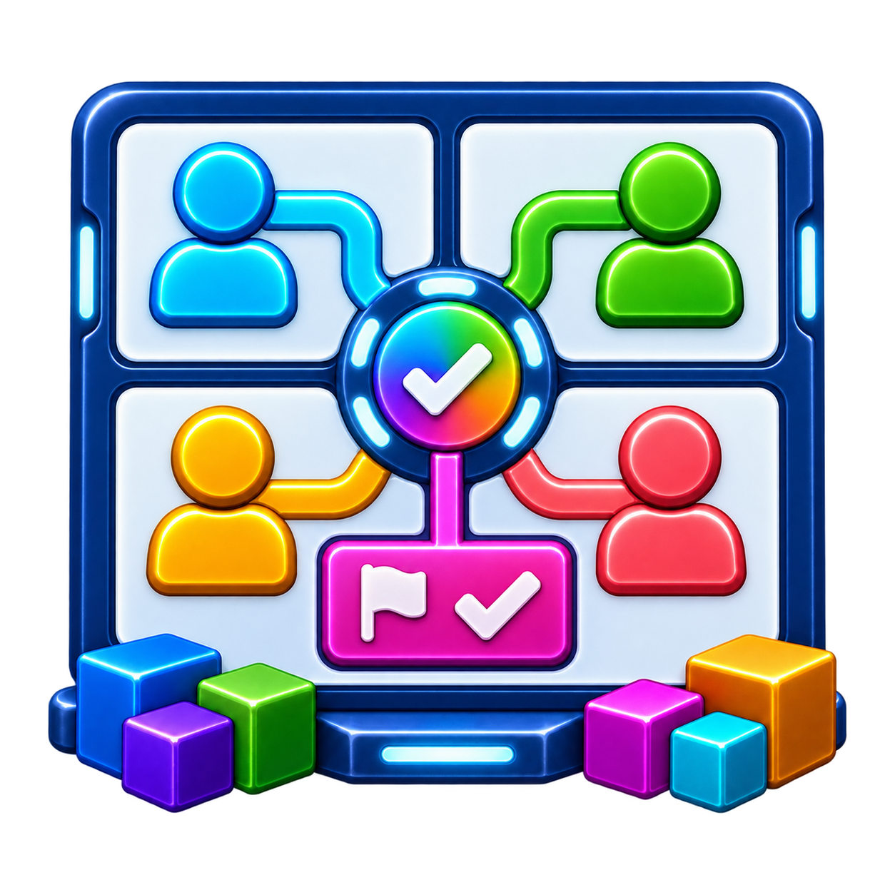 Assist icon showing four teammates converging on a shared decision and owned action