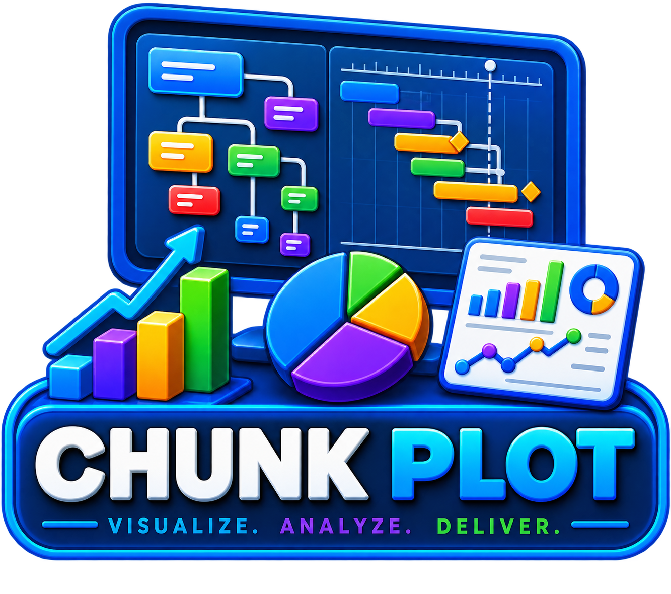 Chunk Plot dashboard artwork showing delivery flow, metrics, risks, and decision signals